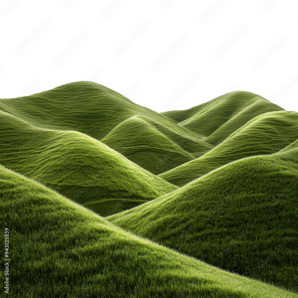 Lush undulating green hills, vibrant grass covers rolling landscape cut out transparent isolated PNG Lush undulating green hills, vibrant grass covers rolling landscape cut out transparent isolated PNG