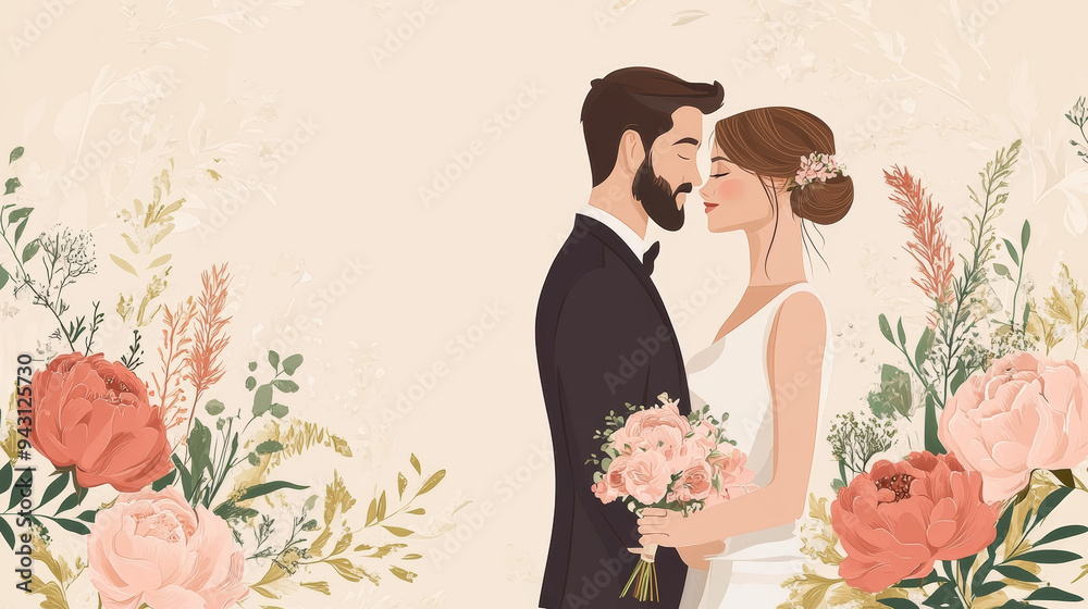 Wedding invite. Save the date. Vector designs showcasing the bride and groom, floral borders, patterns, backdrops, logos, flowers, peonies, and ribbons for greeting cards, posters, or covers.