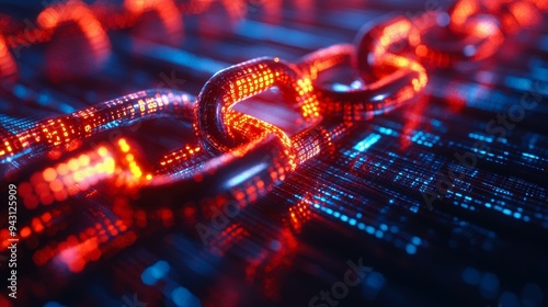 Close-up of a glowing digital chain symbolizing blockchain technology, data security, and information transfer in a futuristic environment ideal for use in technology, cybersecurity