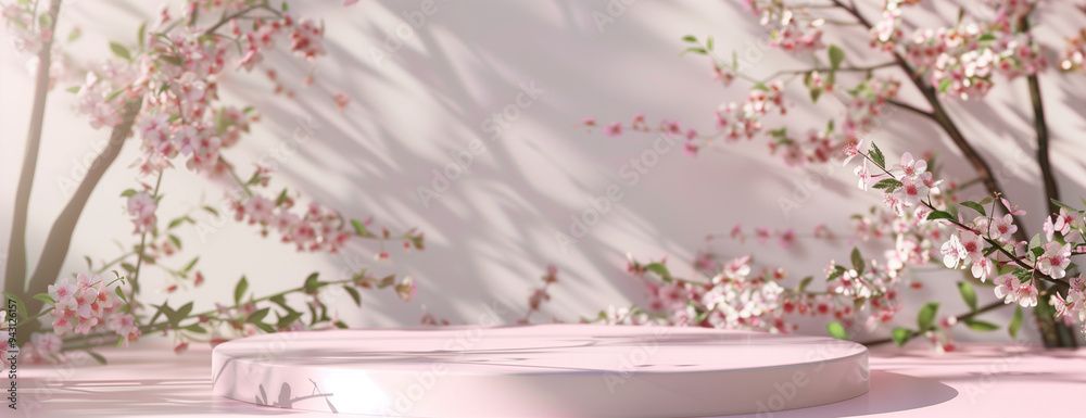 Podium background, spring flowers product beauty pink display Podium background, spring flowers product beauty pink display