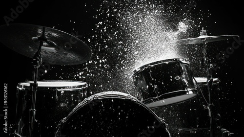 A close up of a drum set with a splash of water on the drums