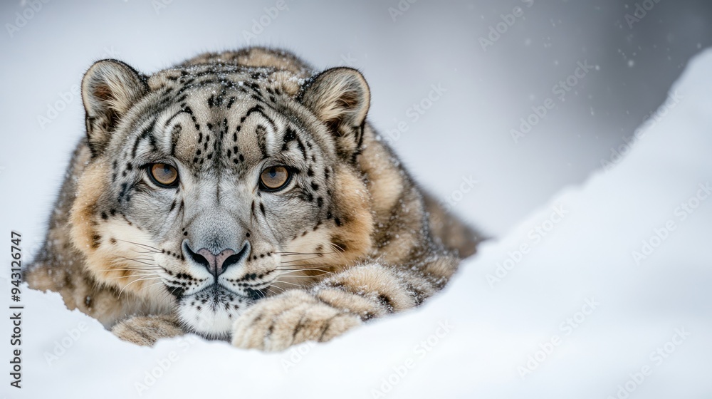 A snow leopard is laying in the snow A snow leopard is laying in the snow