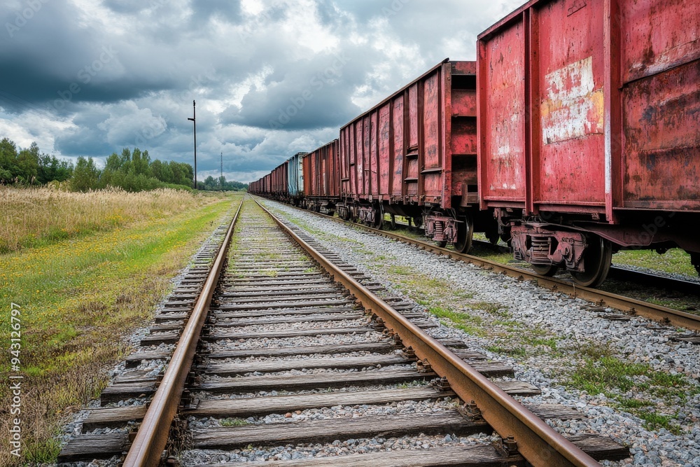 A long, rusty freight train stretches along parallel tracks under an overcast sky, symbolizing the journey and resilience of heavy industry amidst natural surroundings. A long, rusty freight train stretches along parallel tracks under an overcast sky, symbolizing the journey and resilience of heavy industry amidst natural surroundings.