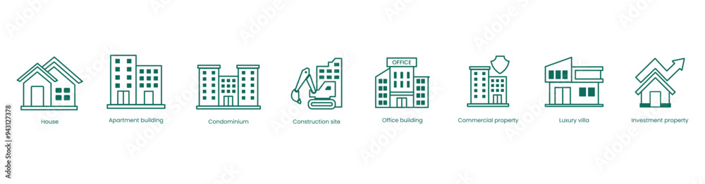 Real Estate Vector Icon Set: House, Apartment Building, Condominium, Office Building, Construction Site, Commercial Buildings, Luxury Villa, Investment Property Real Estate Vector Icon Set: House, Apartment Building, Condominium, Office Building, Construction Site, Commercial Buildings, Luxury Villa, Investment Property