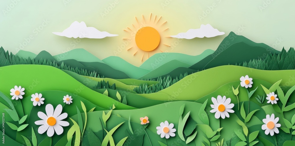 Paper cut-out art, depicting a beautiful natural scene. Paper cut-out art, depicting a beautiful natural scene.