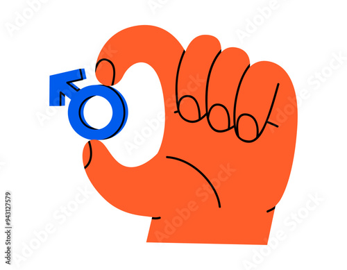 Hand drawn cute cartoon illustration male gender sign in hand. Flat vector arm holding man or Mars symbol sticker doodle. Masculine concept. Struggle for rights icon. Boy arrow sign. Isolated.