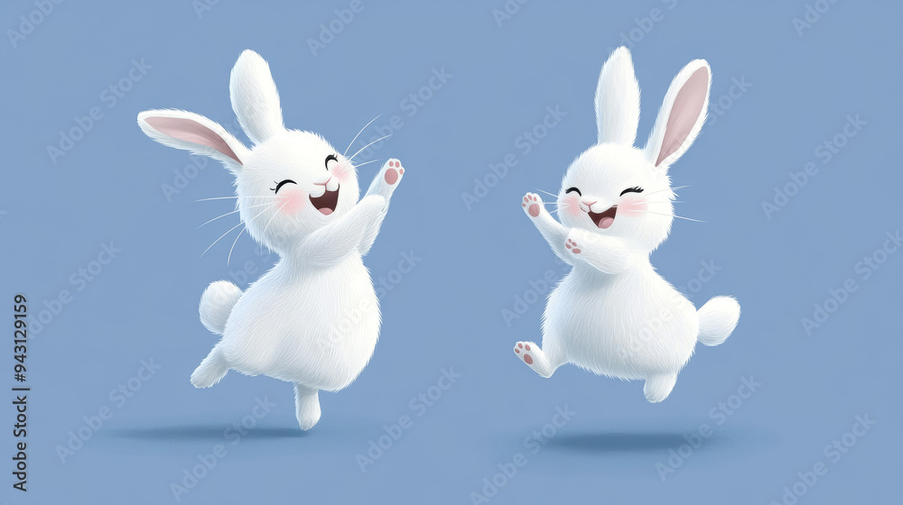 White rabbit jumping and dancing. Adorable bunny for Happy Easter, with a cartoon character design. Illustration set against a blue background.