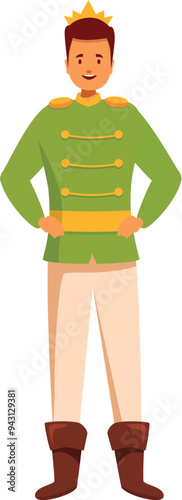 Confident prince wearing green medieval costume and gold crown standing with hands on hips