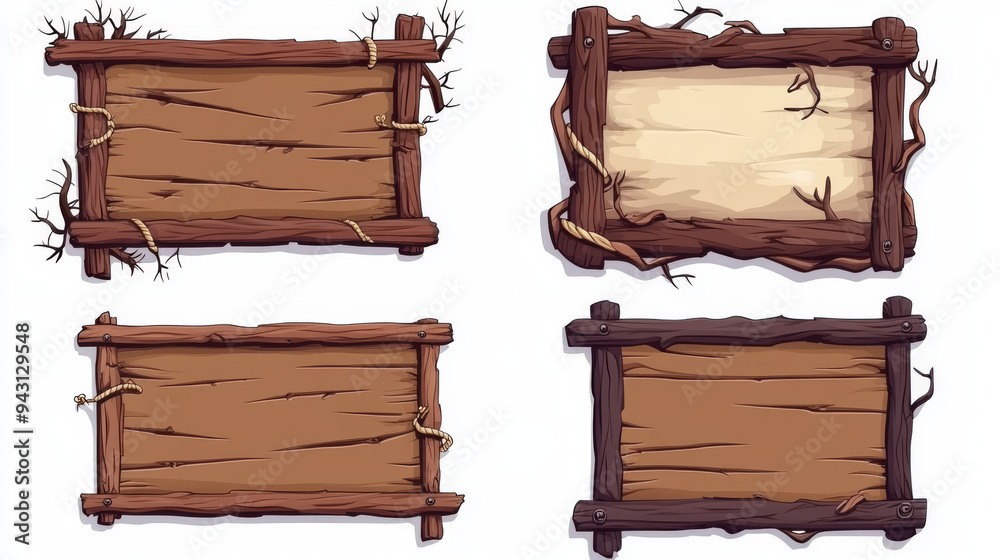 Wooden frames and borders cartoon vector design. Brown wood boards, old planks, tree branches and twigs with ropes and nails, vintage empty frames and borders, interior design themes Wooden frames and borders cartoon vector design. Brown wood boards, old planks, tree branches and twigs with ropes and nails, vintage empty frames and borders, interior design themes