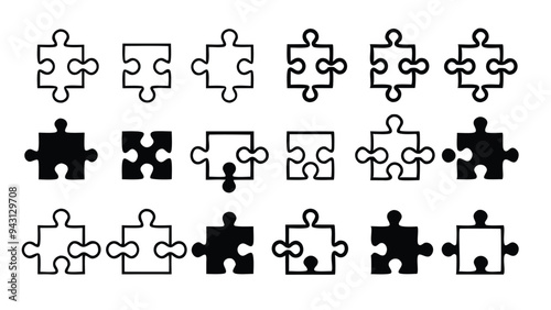 Set of 18 puzzle pieces in different combinations of black and white, isolated on a white background. photo