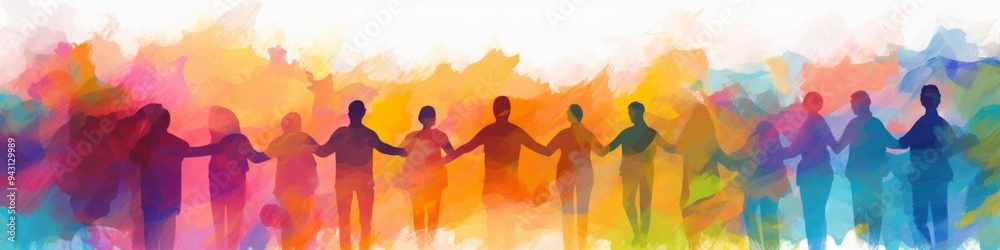 Fototapeta premium Vibrant Abstract Unity: Colorful Hands Joined in Diversity. Watercolor Charity Concept Celebrating Inclusion and Humanity. Bright Artistic Representation of Love, Warmth, and Compassion for Marketing 
