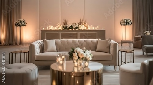 Modern Event Space with opulent, minimalist furnishings, a subdued color scheme, and sophisticated metallic accents