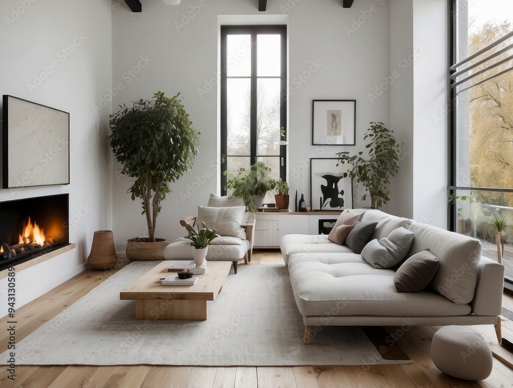 Modern Living Room with White Sofa, Fireplace, and Large Windows Modern Living Room with White Sofa, Fireplace, and Large Windows
