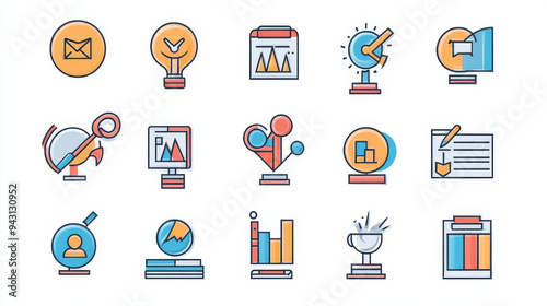 Collection of workshop web icons in line design. Icons for business workshops suitable for web and mobile applications. Includes elements like team building, collaboration, training, meetings.