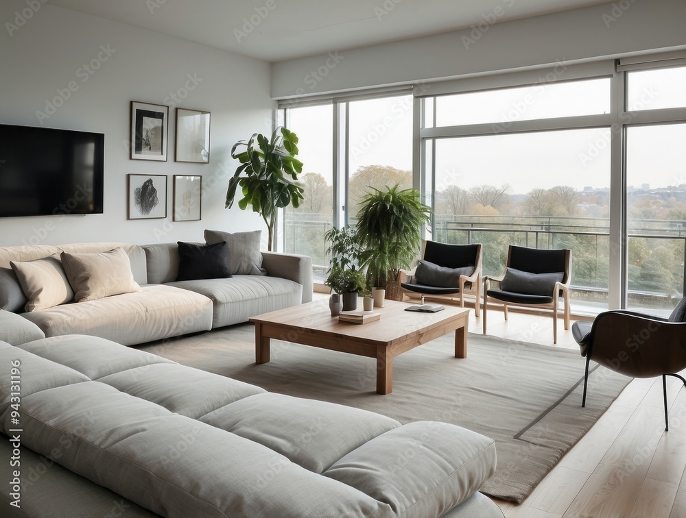 Fototapeta premium Modern living room with a sectional sofa, chairs, and a view of trees