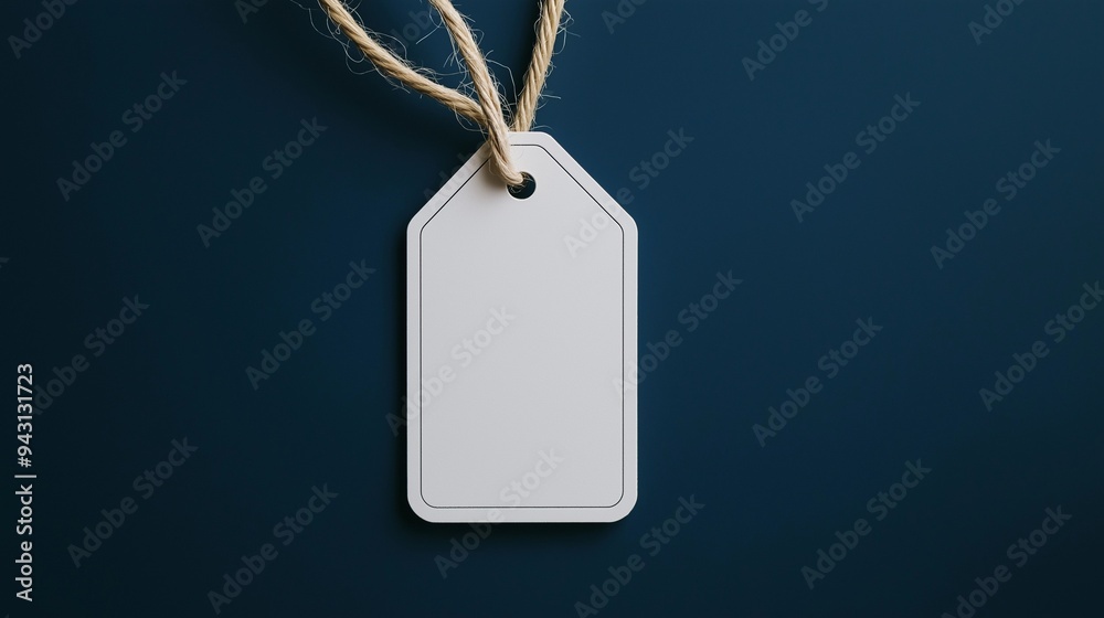 Fototapeta premium blank price tag on navy background, blank white badge mockup, empty name tag
