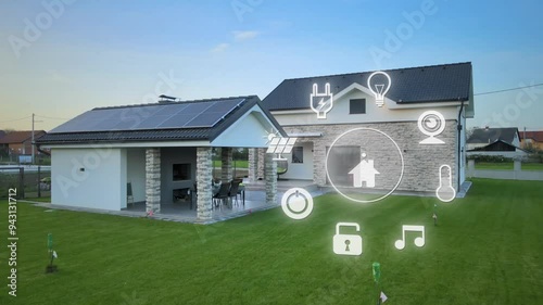 Animation of smart home system icons in front of modern house with solar panels
