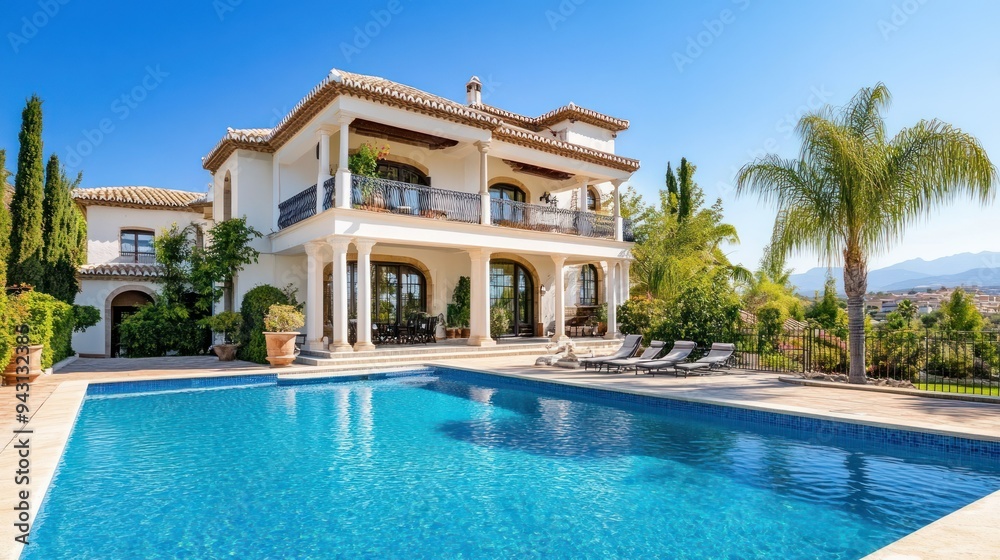 Fototapeta premium A large house with a pool and a palm tree in the background