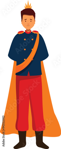 Cartoon illustration of a sad prince wearing a crown and cape standing still