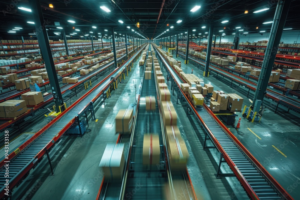 An overhead view of an automated conveyor system transporting packages in a large warehouse sorting center An overhead view of an automated conveyor system transporting packages in a large warehouse sorting center