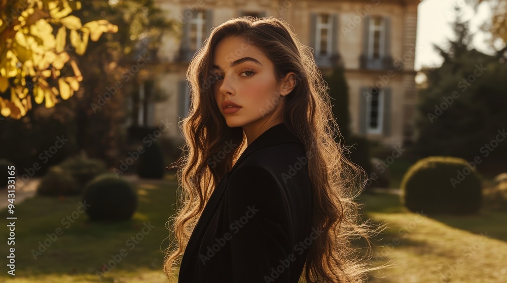 Frontal portrait of a beautiful brunette girl with long wavy hair, with refined facial features, wearing a fitted, silhouetted black Dior-style jacket, for the cover of Vogue magazine, Frontal portrait of a beautiful brunette girl with long wavy hair, with refined facial features, wearing a fitted, silhouetted black Dior-style jacket, for the cover of Vogue magazine,