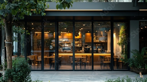 A restaurant with a large glass door and a green tree in the background