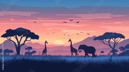 African savanna landscape with acacia trees, elephant and giraffe silhouettes on a flat background.