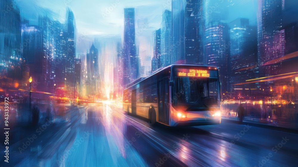 Obraz premium Luminous buses that shuttle through the city