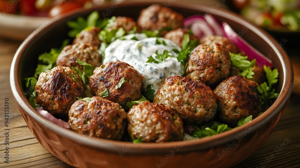 107. A dish of Turkish kofte (meatballs) with yogurt sauce 107. A dish of Turkish kofte (meatballs) with yogurt sauce