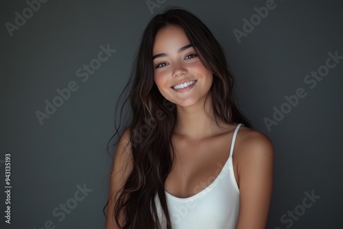 A teenage woman in a simple white gala dress poses relaxedly, smiling at the camera with her long, slightly curled hair in front of a gray studio background.