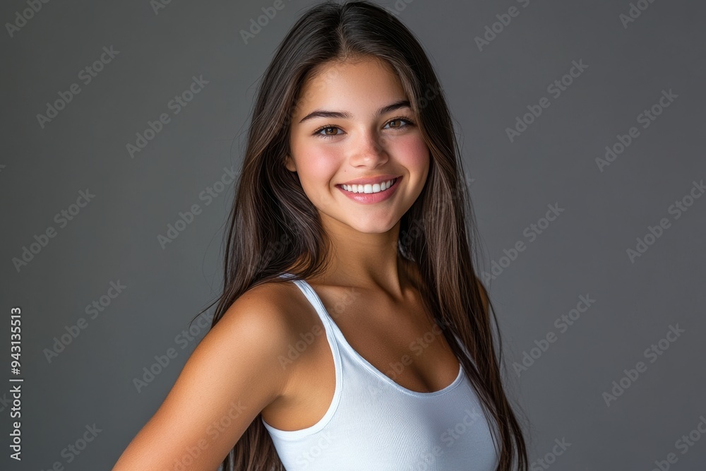 A teenage woman in a simple white gala dress poses relaxedly, smiling at the camera with her long, slightly curled hair in front of a gray studio background.