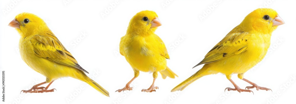 Three yellow canary birds in different poses, against a white background Three yellow canary birds in different poses, against a white background