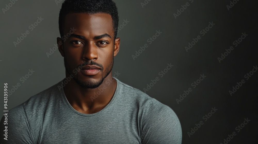 Fototapeta premium hyper realistic photograph of a handsome african american man in a t-shirt looking directly at the camera.