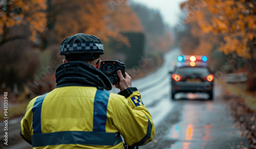 British police officer monitoring traffic speed on a rainy autumn road