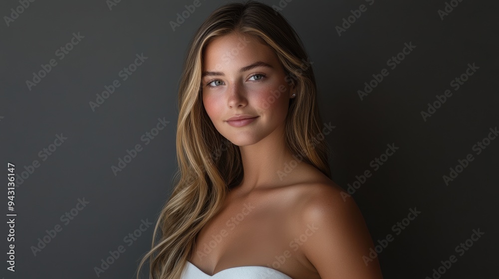 A teenage woman in a simple white gala dress poses relaxedly, smiling at the camera with her long, slightly curled hair in front of a gray studio background. A teenage woman in a simple white gala dress poses relaxedly, smiling at the camera with her long, slightly curled hair in front of a gray studio background.