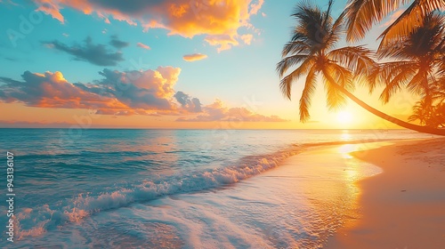 Fototapeta Naklejka Na Ścianę i Meble -  A tropical sunset beach scene is framed by palm trees and a golden sky, capturing a moment of serene beauty.