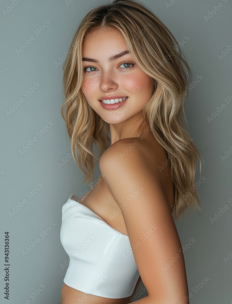 A teenage woman in a simple white gala dress poses relaxedly, smiling at the camera with her long, slightly curled hair in front of a gray studio background. A teenage woman in a simple white gala dress poses relaxedly, smiling at the camera with her long, slightly curled hair in front of a gray studio background.