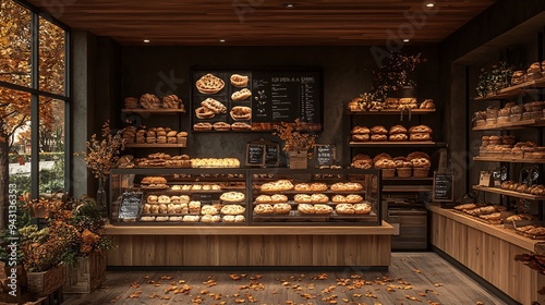 Rustic bakery setting with freshly baked kouign amann pastries, wooden shelves, cozy lighting, and autumn leaves decoration, evoking a warm and homely feel. photo