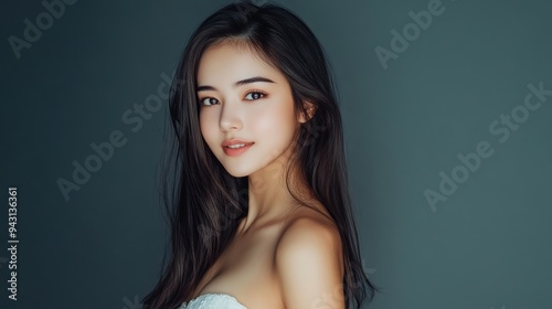 A teenage woman in a simple white gala dress poses relaxedly, smiling at the camera with her long, slightly curled hair in front of a gray studio background.