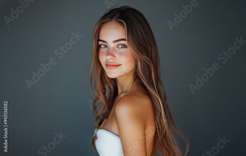 A teenage woman in a simple white gala dress poses relaxedly, smiling at the camera with her long, slightly curled hair in front of a gray studio background.