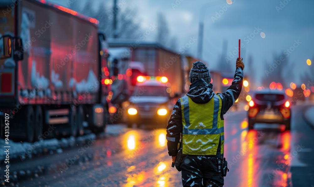 Police officer directing traffic on a highway at dusk as trucks and emergency vehicles pass by Police officer directing traffic on a highway at dusk as trucks and emergency vehicles pass by