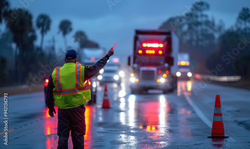 Police officer in yellow vest directs traffic on a rainy highway with delivery trucks photo