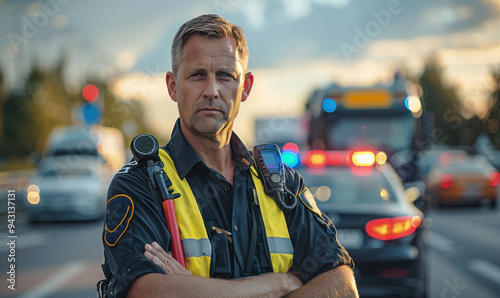 Traffic officer managing vehicle flow on a busy urban road during daylight hours
