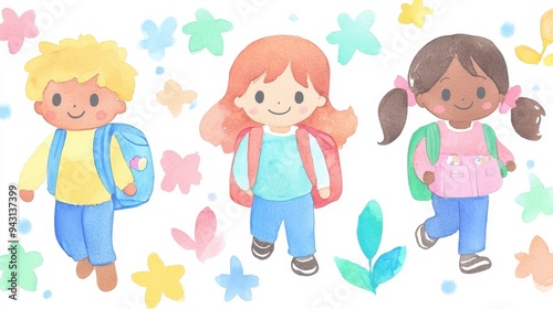 Watercolor children with backpacks: playful and whimsical illustration of happy kids