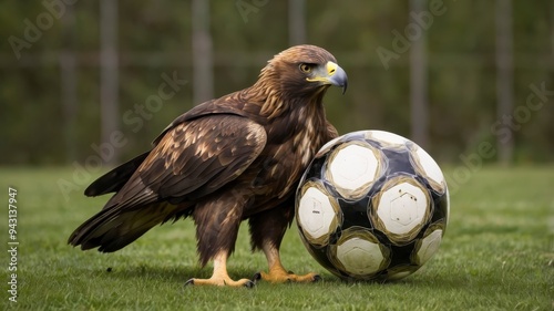 Golden eagle with one foot on soccer ball 