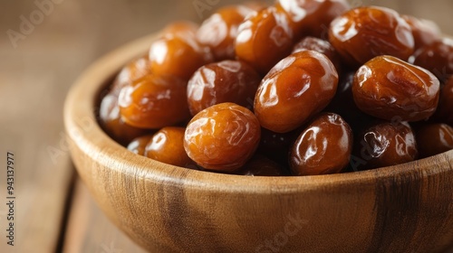 Closeup delicious Kurma Mesir Golden Valley or sweet dried date palm fruits on wooden bowl. Much sought after during Ramadan to break the fast photo