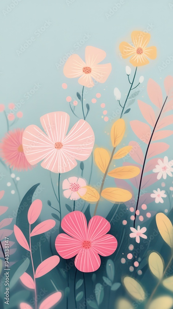 Whimsical pastel floral pattern with delicate pink and yellow blooms Whimsical pastel floral pattern with delicate pink and yellow blooms