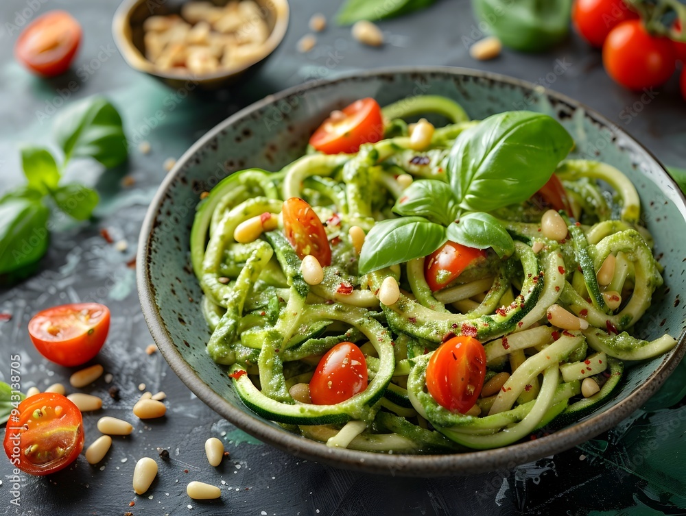Raw Zucchini Noodles with Creamy Avocado Pesto and Fresh Tomatoes Healthy Vegan Meal Concept Raw Zucchini Noodles with Creamy Avocado Pesto and Fresh Tomatoes Healthy Vegan Meal Concept