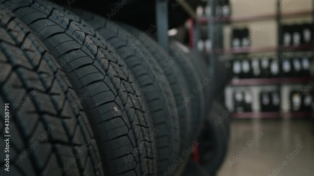 Close-up view of new winter tires on display at a car store. The tires are stacked on a shelf and have a variety of features, including aggressive tread patterns for traction in snow and ice Close-up view of new winter tires on display at a car store. The tires are stacked on a shelf and have a variety of features, including aggressive tread patterns for traction in snow and ice