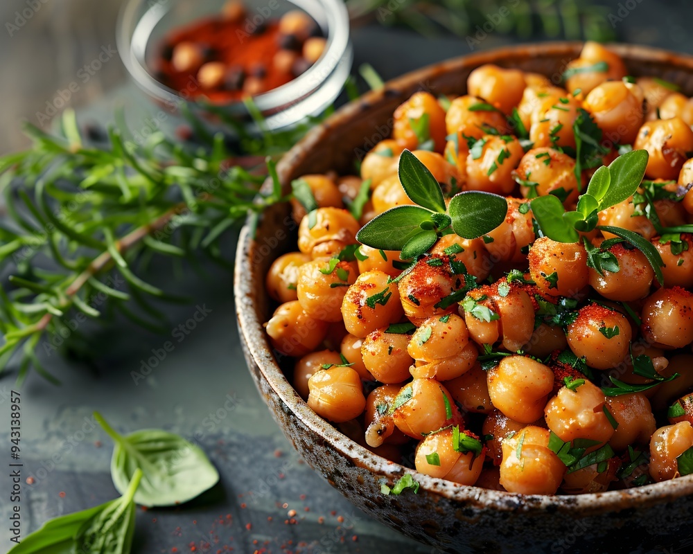 Roasted Chickpeas with Smoked Paprika Served in a Rustic Wooden Bowl with Fresh Herbs Healthy Food Concept Roasted Chickpeas with Smoked Paprika Served in a Rustic Wooden Bowl with Fresh Herbs Healthy Food Concept